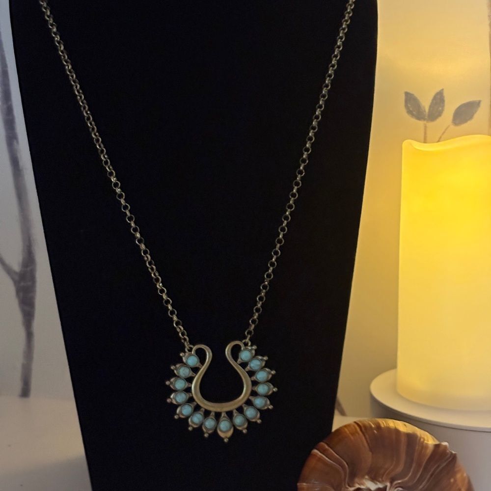 Premier Design Lotus Brassy Tone Faux Turquoise Necklace